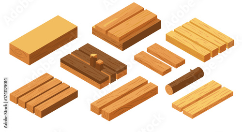 Isometric wooden planks and logs: variety of timber and lumber pieces for construction and carpentry