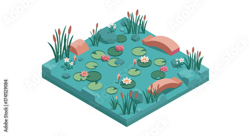 Isometric tranquil pond scene with lily pads and wooden bridges