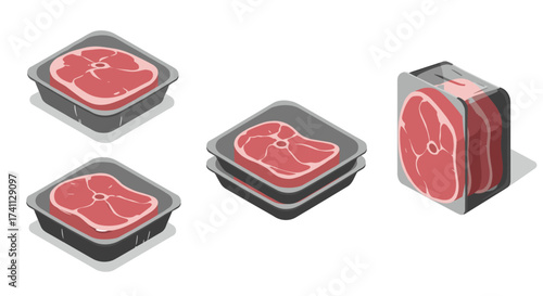 Isometric packs of fresh meat cuts in plastic packaging on white background