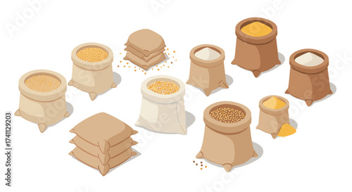 Isometric bags of grain and seeds on white background