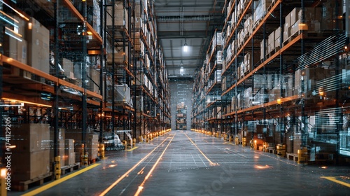 Futuristic smart warehouse with AR augmented reality visualization digital logistics IoT tracking automation.