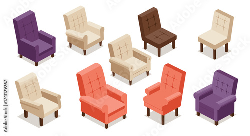 Modern isometric chairs collection in various colors and designs