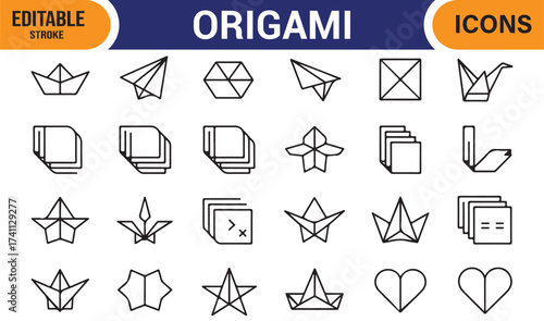 Collection of origami icons – folded paper art symbols including cranes, hearts, and stars.