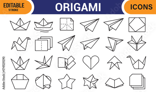 Origami line icon set – editable stroke paper folding vector illustrations of birds and shapes.