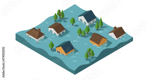 Isometric flooded village scene with submerged houses and trees