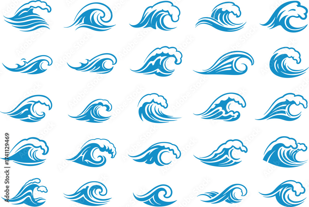 Fototapeta premium Ocean wave icon set, stylized blue water graphics, sea crest symbols, vector clipart, surfing design, marine art elements