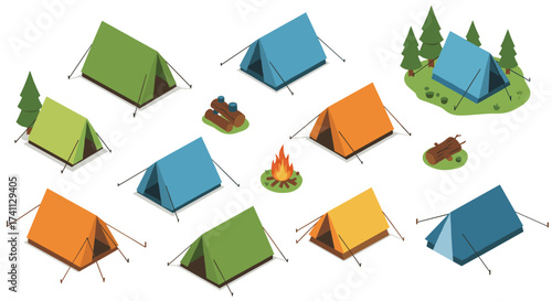 Isometric camping tents and campfire scene with trees and logs