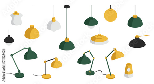 Stylish collection of modern isometric lamps in various designs and colors