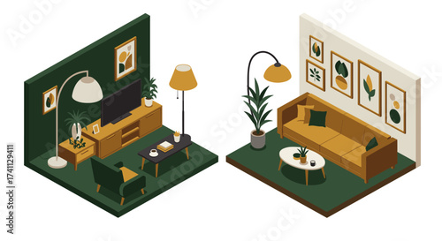 Modern isometric living room scene with green and gold decor