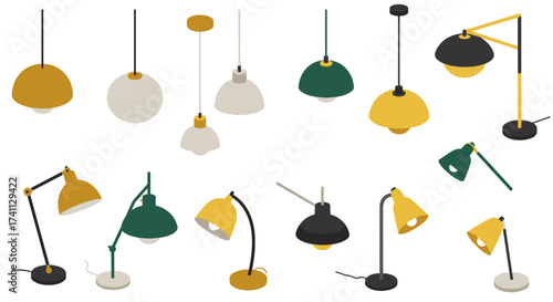 Stylish isometric table and ceiling lamps in modern colors and designs