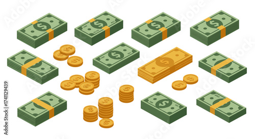 Isometric money piles and coin stacks