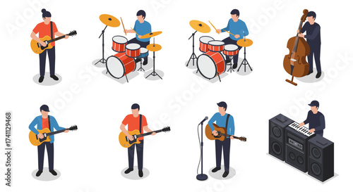 Isometric music band performing with instruments and sound equipment
