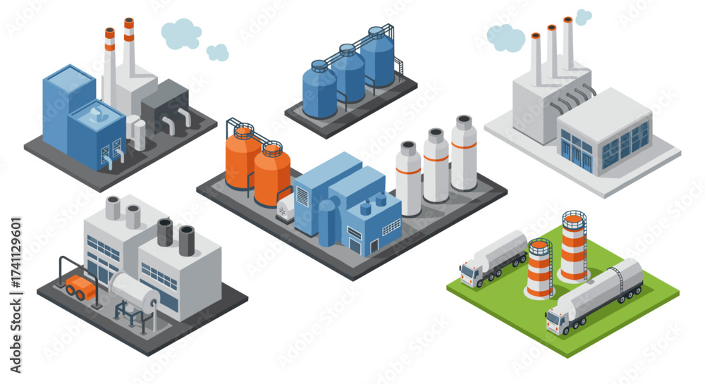 Obraz premium Isometric industrial buildings with detailed factory elements and transportation trucks