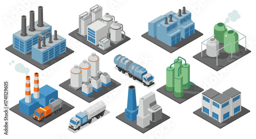 Industrial isometric set featuring factories and plants with tanks and trucks