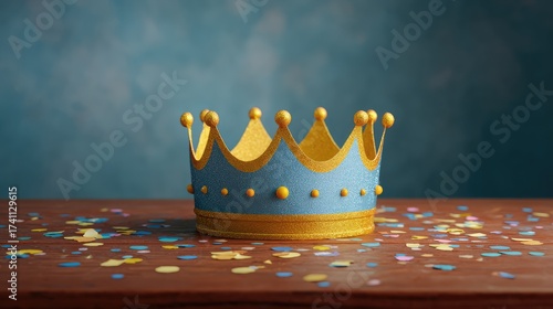 Charming blue and gold paper crown on a wooden surface surrounded by colorful confetti, perfect for festive celebrations, birthday parties, or royalty-themed events.