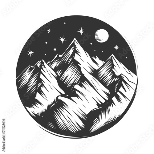 Circular Mountain Emblem with Night Sky Elements, Retro Mountain Silhouette Logo