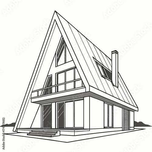 A frame house with a chimney and a sloped roof window