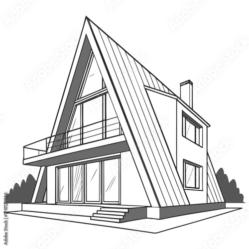 A-frame house with large triangular windows and balcony