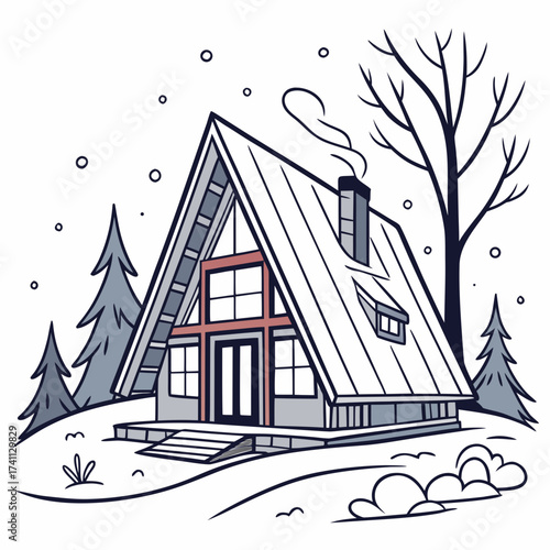 A-frame cabin with smoking chimney in winter snow forest