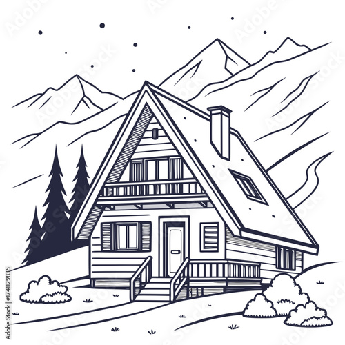 A-frame cabin nestled in a mountainous landscape with trees