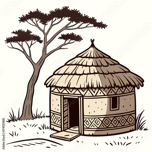 African Hut and Acacia Tree in Savanna Landscape traditional