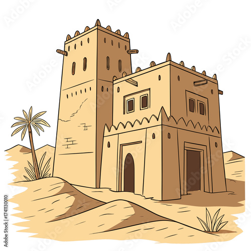 Ancient desert fortress with palm tree castle sand dunes