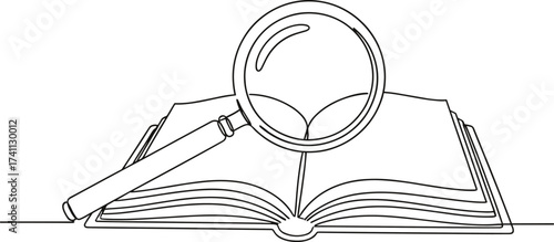 Open book with magnifying glass, black and white line drawing, research concept, study icon, academic illustration, minimal design artwork
