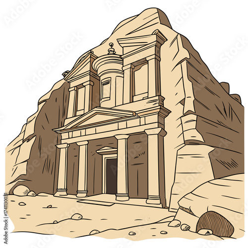 Ancient Nabataean Treasury carved into sandstone cliff