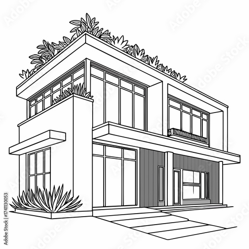 Architectural drawing of a modern house with green roof and plants Keywords: house, home