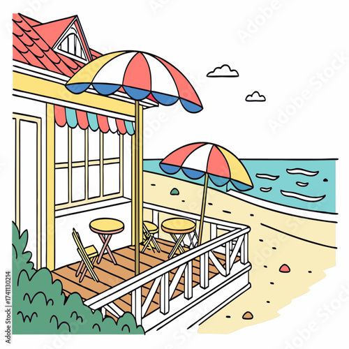 Beachside cafe with umbrellas and tables on a deck