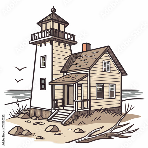Beachfront Lighthouse with Attached House Illustration