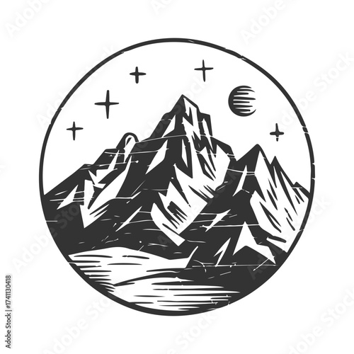 Mountain Circle Emblem with Stars and Moon, Mountain Landscape, Rugged Nature Illustration