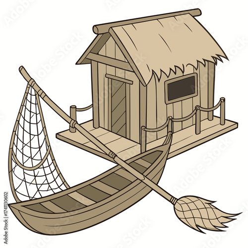 Cartoon Fishing Hut and Boat with Net water