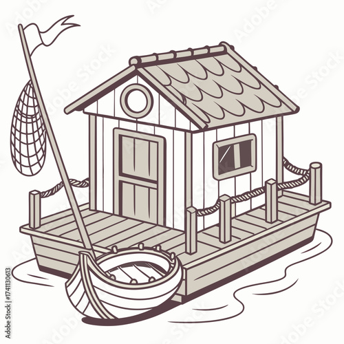 Cartoon Floating Fishing House with Net and Boat water