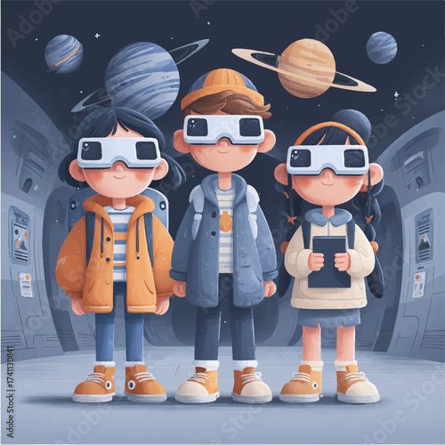 A children in virtual reality glasses are looking at space, the solar system with planets