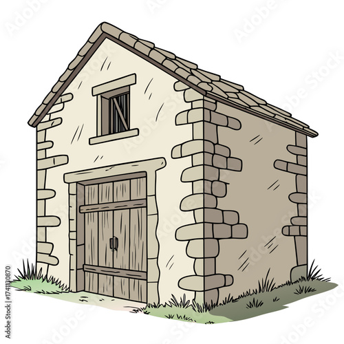 Cartoon stone building with wooden doors and barred window Keywords: building, structure, stone