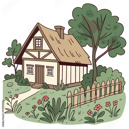Charming cartoon cottage with thatched roof and garden