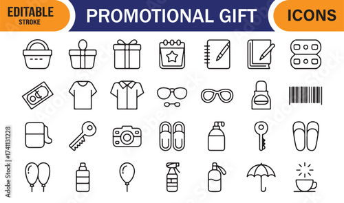 Corporate merchandise icon bundle – editable stroke vector illustrations of promotional gifts.