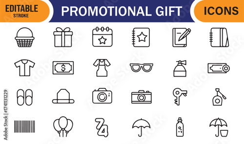 Vector promotional gift collection – outline symbols of branded items and giveaway products.
