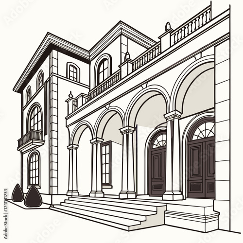 Classical Building Facade with Arched Portico Keywords: building, architecture, classical