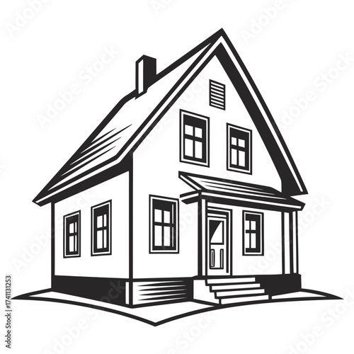 Classic pitched roof house with chimney and porch home