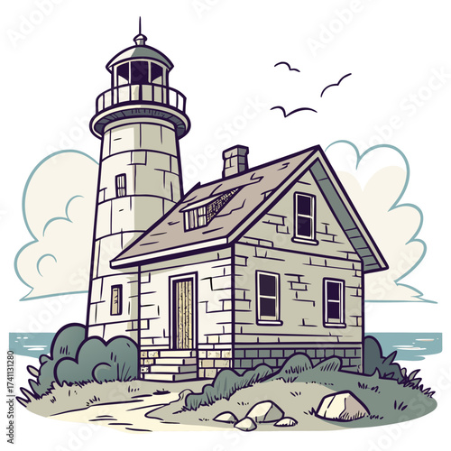 Coastal lighthouse and dwelling with seagulls and clouds