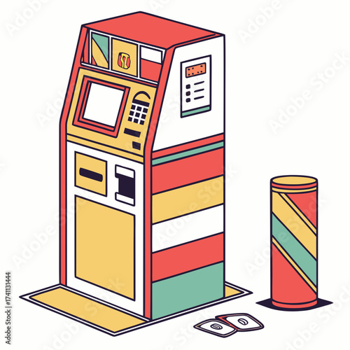 Colorful Isometric ATM Machine and Bollard kiosk