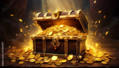 open treasure chest overflowing with gold coins open treasure chest full of gold coins
