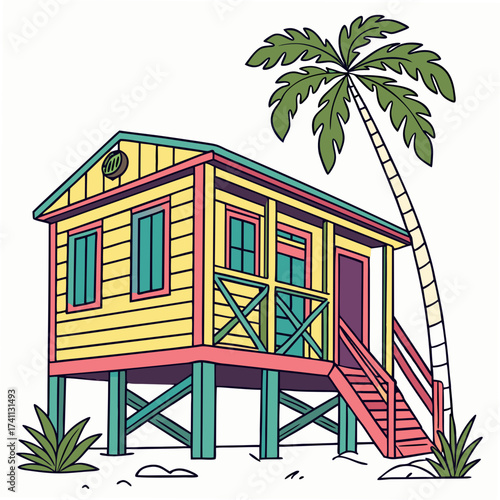 Colorful stilt house with a leaning palm tree bungalow