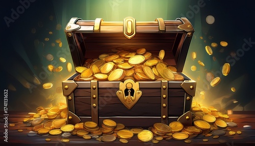 open treasure chest overflowing with gold coins