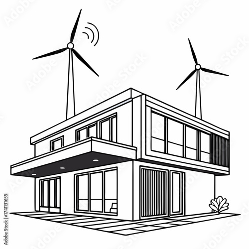 Contemporary home with wind turbines and Wi- Fi signal