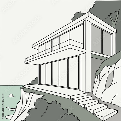 Contemporary house on a cliff with ocean view and stairs