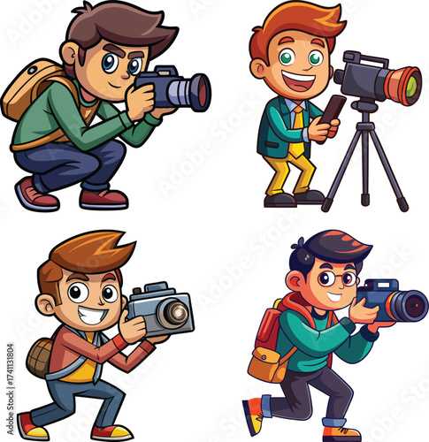 Cartoon Young Male Photographers with Cameras in Various Poses