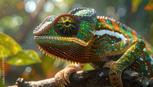 Detailed Chameleon Portrait on Branch with Vibrant Green and Orange Scales